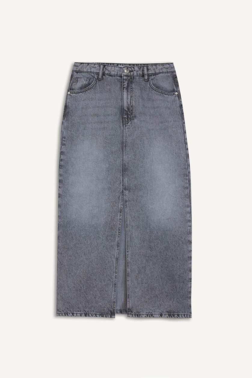 Woman Grey Long Fit Denim Skirt