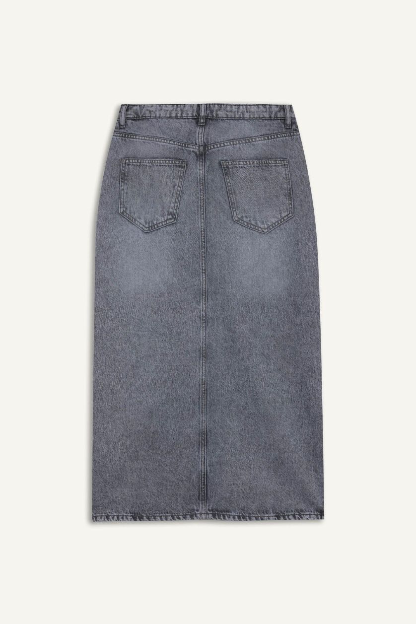 Woman Grey Long Fit Denim Skirt