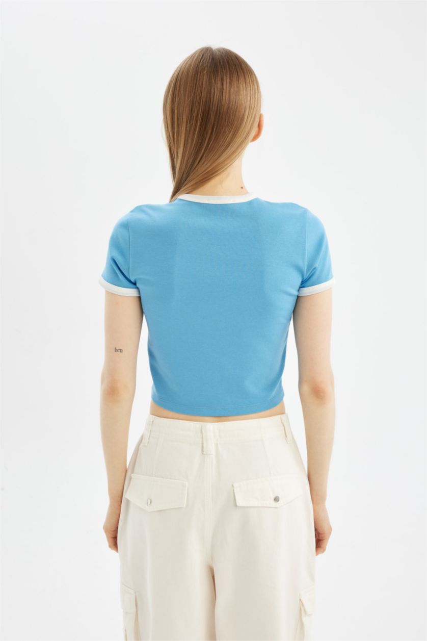 نساء أزرق تي شيرت نص ردن سليم فيت