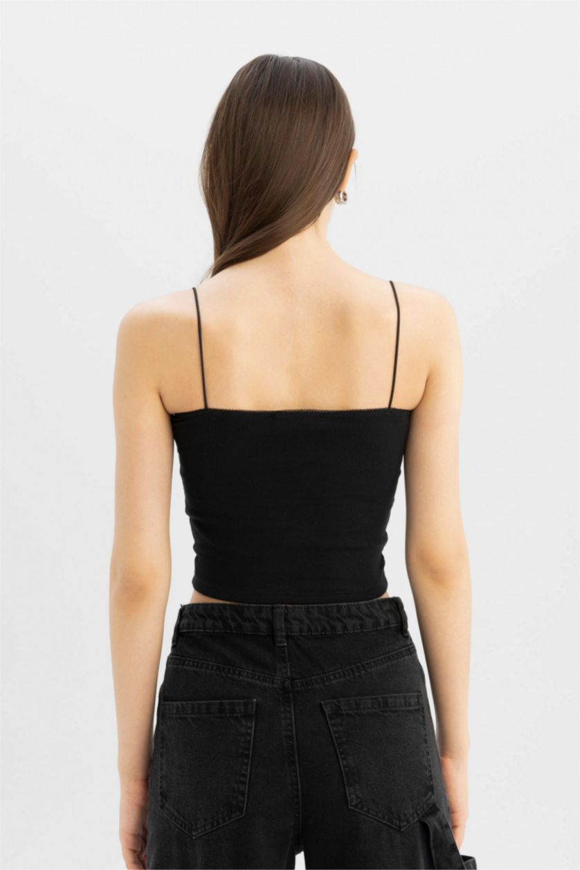 نساء أسود كيمونه كروب توب سليم فيت بحمالات رفيعة