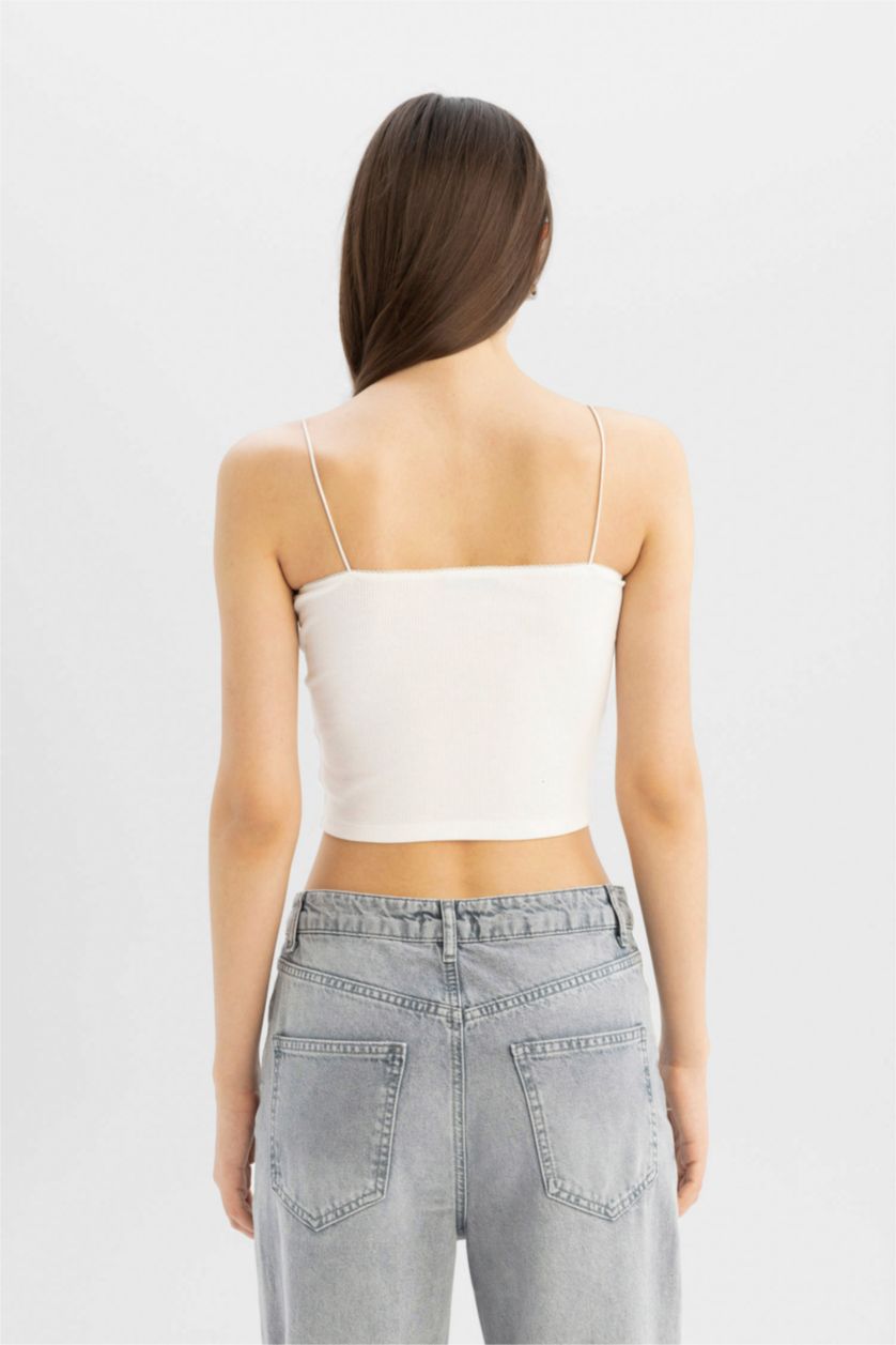 Woman White Fitted Ribbed Camisole Crop Top