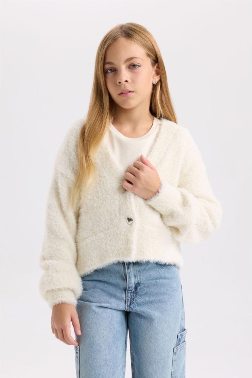 FILLES Blanc Cardigan en peluche à boutons à Col en V pour Fille