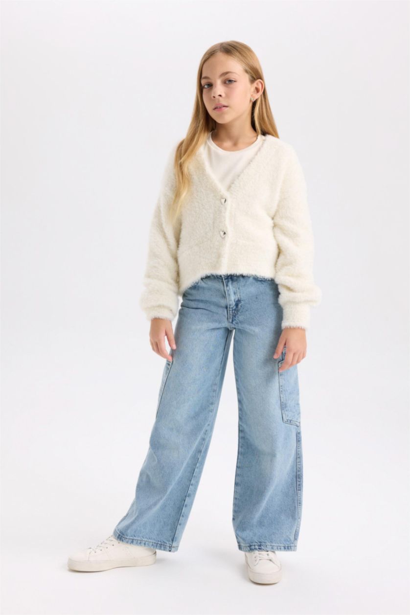 FILLES Blanc Cardigan en peluche à boutons à Col en V pour Fille