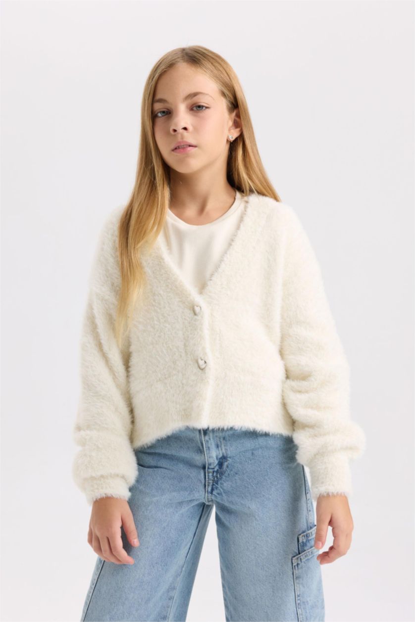 FILLES Blanc Cardigan en peluche à boutons à Col en V pour Fille