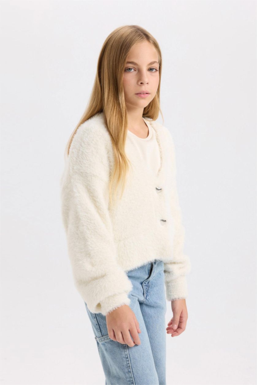 FILLES Blanc Cardigan en peluche à boutons à Col en V pour Fille