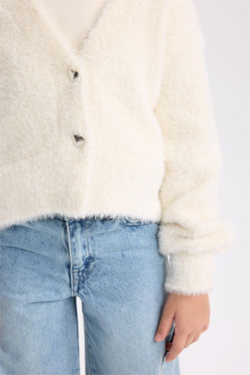 FILLES Blanc Cardigan en peluche à boutons à Col en V pour Fille