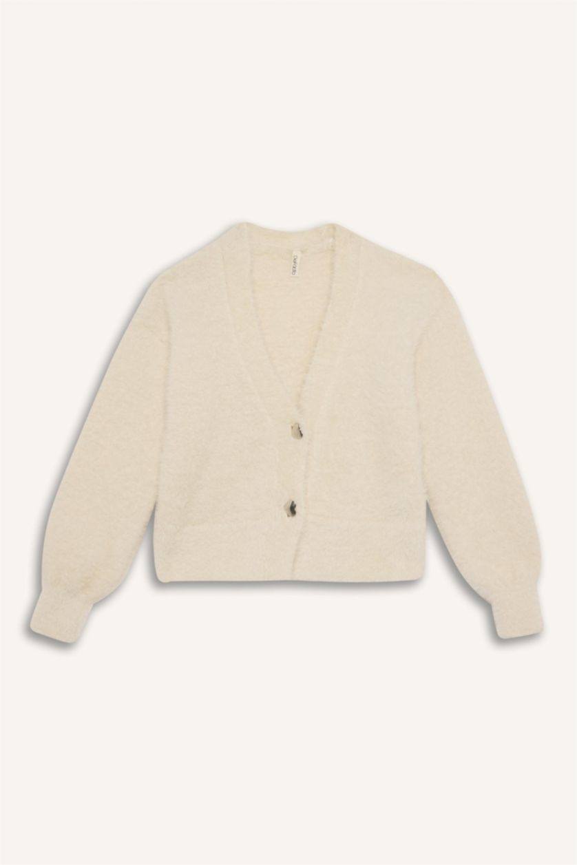 FILLES Blanc Cardigan en peluche à boutons à Col en V pour Fille