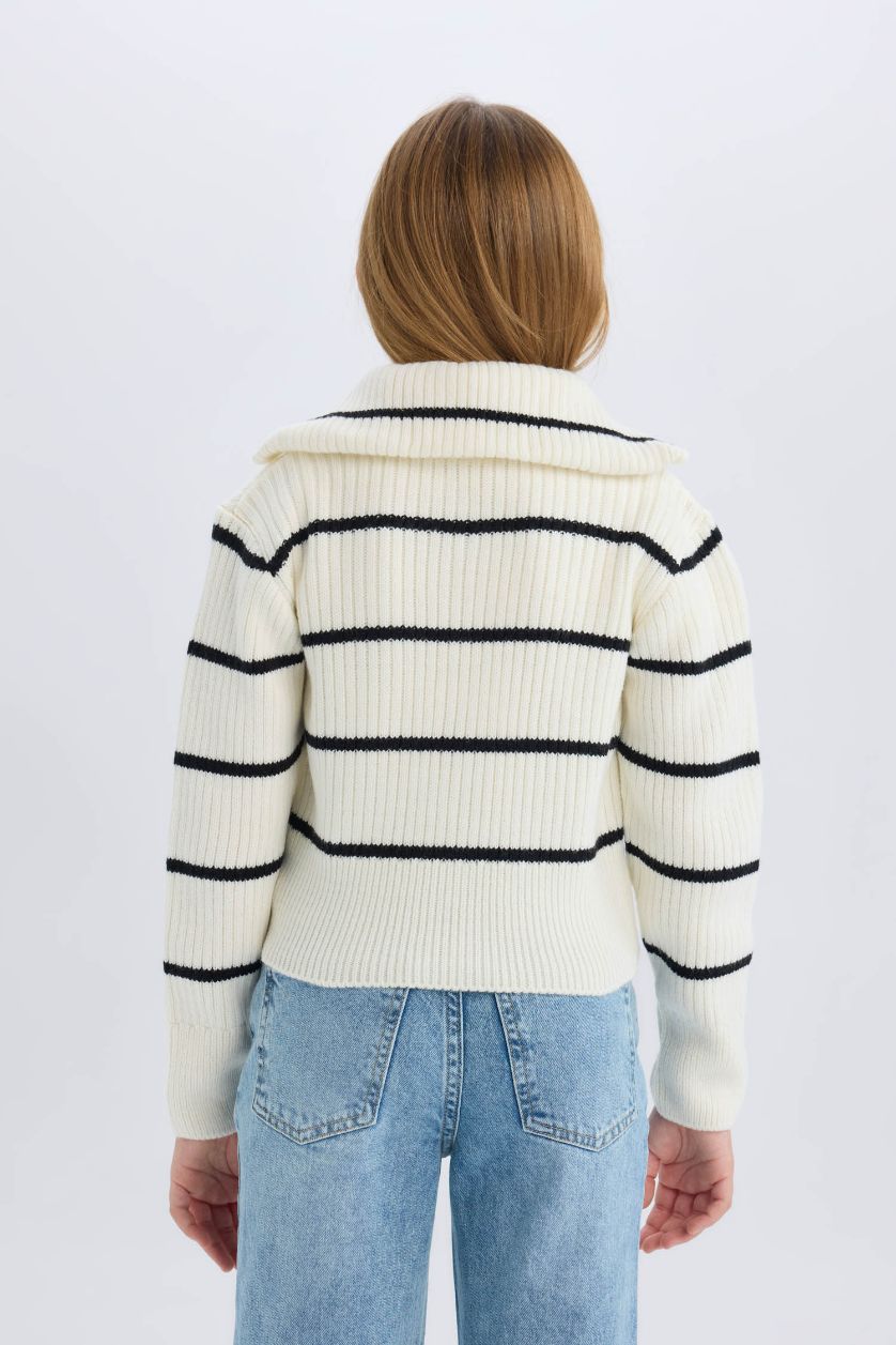 Kız Çocuk - Genç Kız Ekru Çizgili Fermuarlı Triko Hırka Kız Çocuk