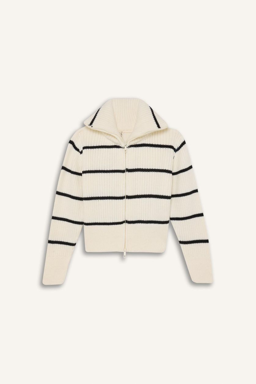 Kız Çocuk - Genç Kız Ekru Çizgili Fermuarlı Triko Hırka Kız Çocuk