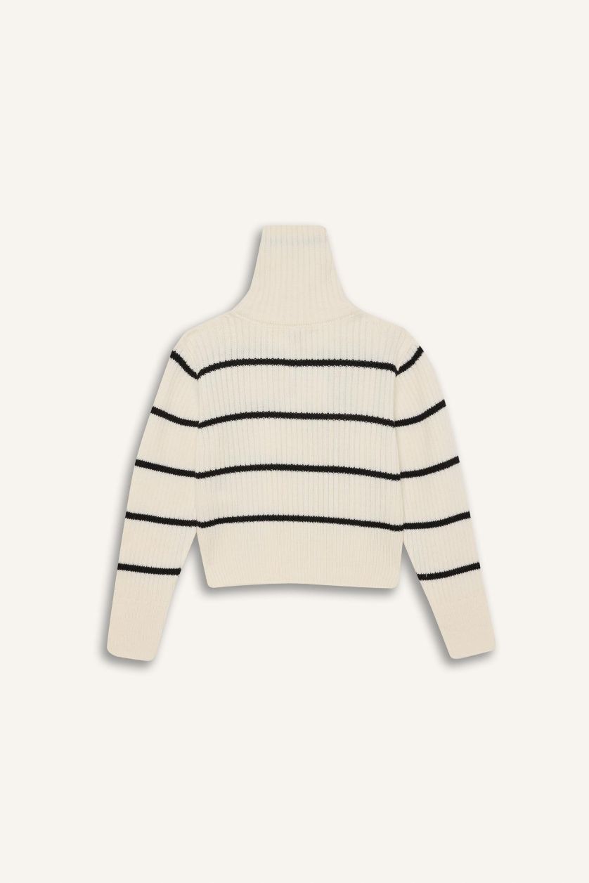 Kız Çocuk - Genç Kız Ekru Çizgili Fermuarlı Triko Hırka Kız Çocuk