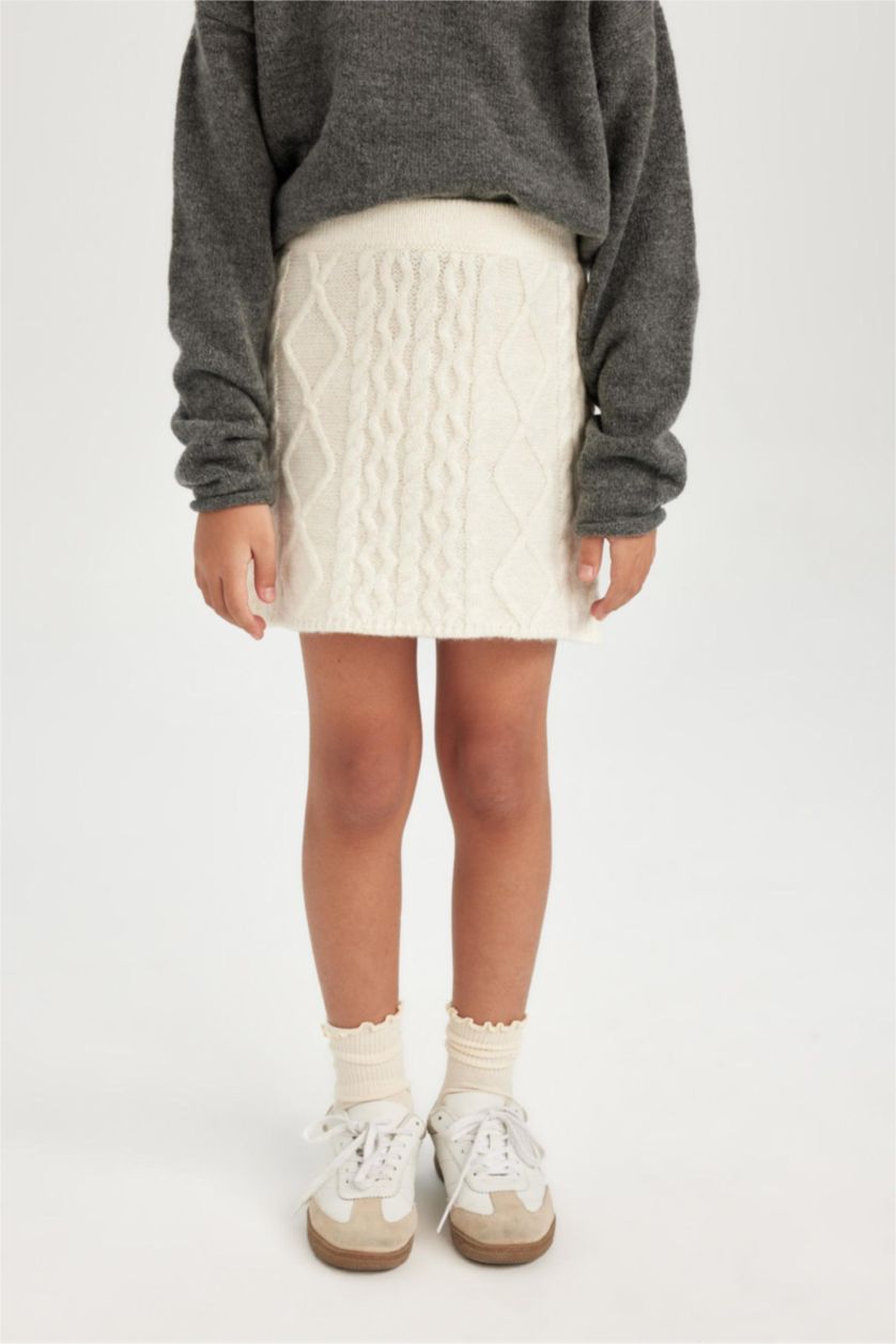 Kız Çocuk - Genç Kız Ekru Saç Örgülü Triko Etek Kız Çocuk