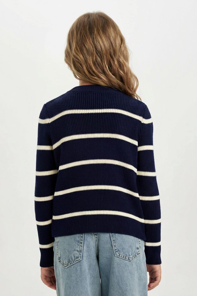 Kız Çocuk - Genç Kız Lacivert Lacivert Çizgili Fitted Bisiklet Yaka Triko Kazak Kız Çocuk