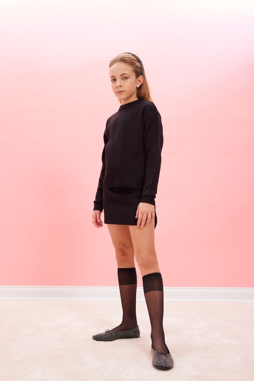 Kız Çocuk - Genç Kız Siyah Siyah Bisiklet Yaka Yırtmaçlı Triko Kazak Kız Çocuk