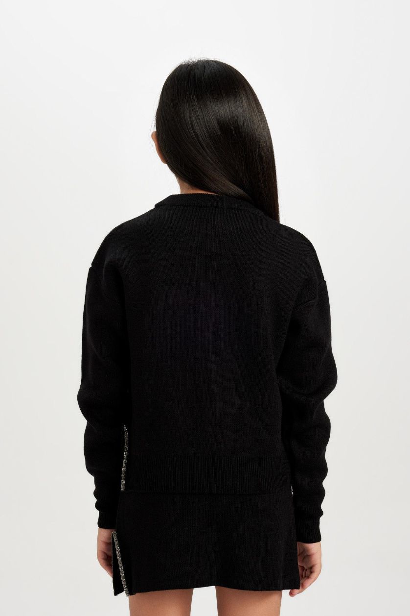 Kız Çocuk - Genç Kız Siyah Siyah Bisiklet Yaka Yırtmaçlı Triko Kazak Kız Çocuk