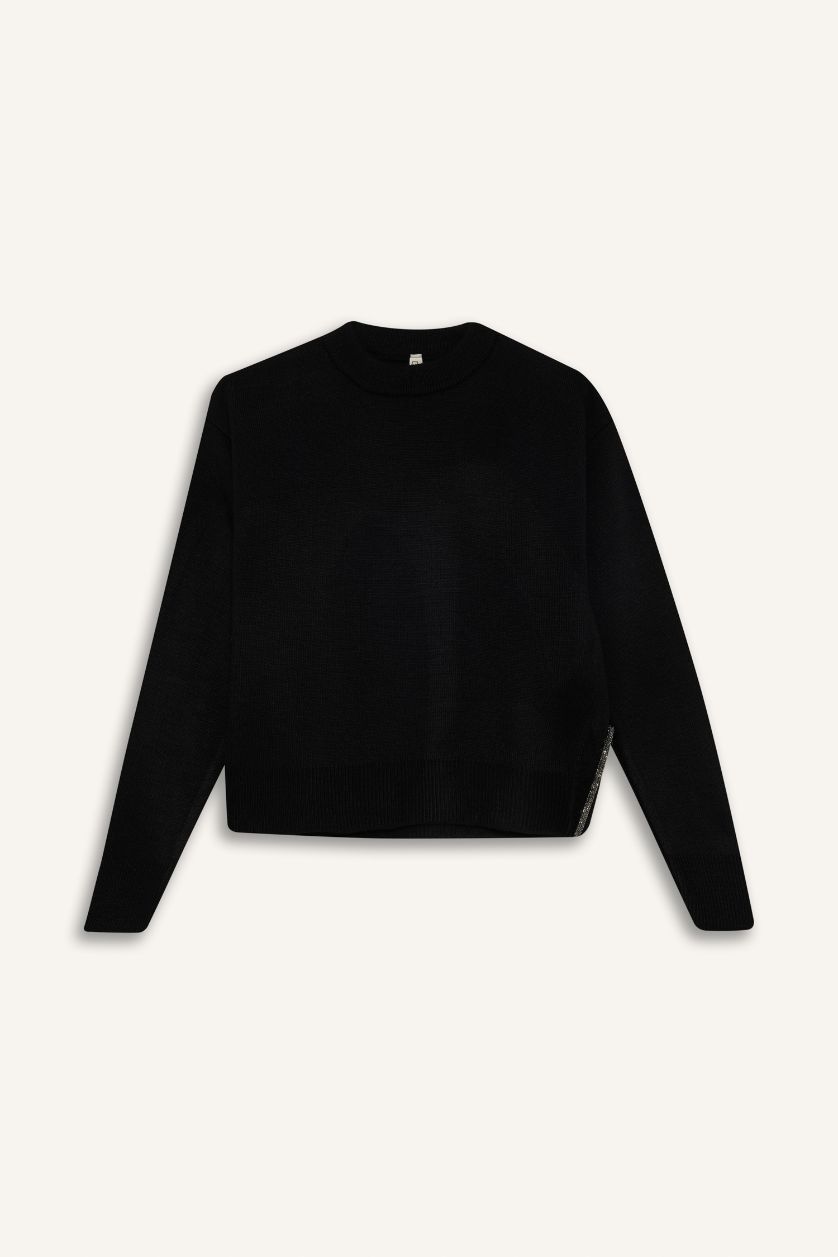 Kız Çocuk - Genç Kız Siyah Siyah Bisiklet Yaka Yırtmaçlı Triko Kazak Kız Çocuk