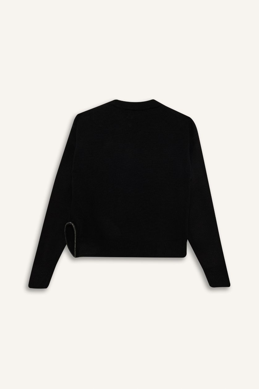 Kız Çocuk - Genç Kız Siyah Siyah Bisiklet Yaka Yırtmaçlı Triko Kazak Kız Çocuk