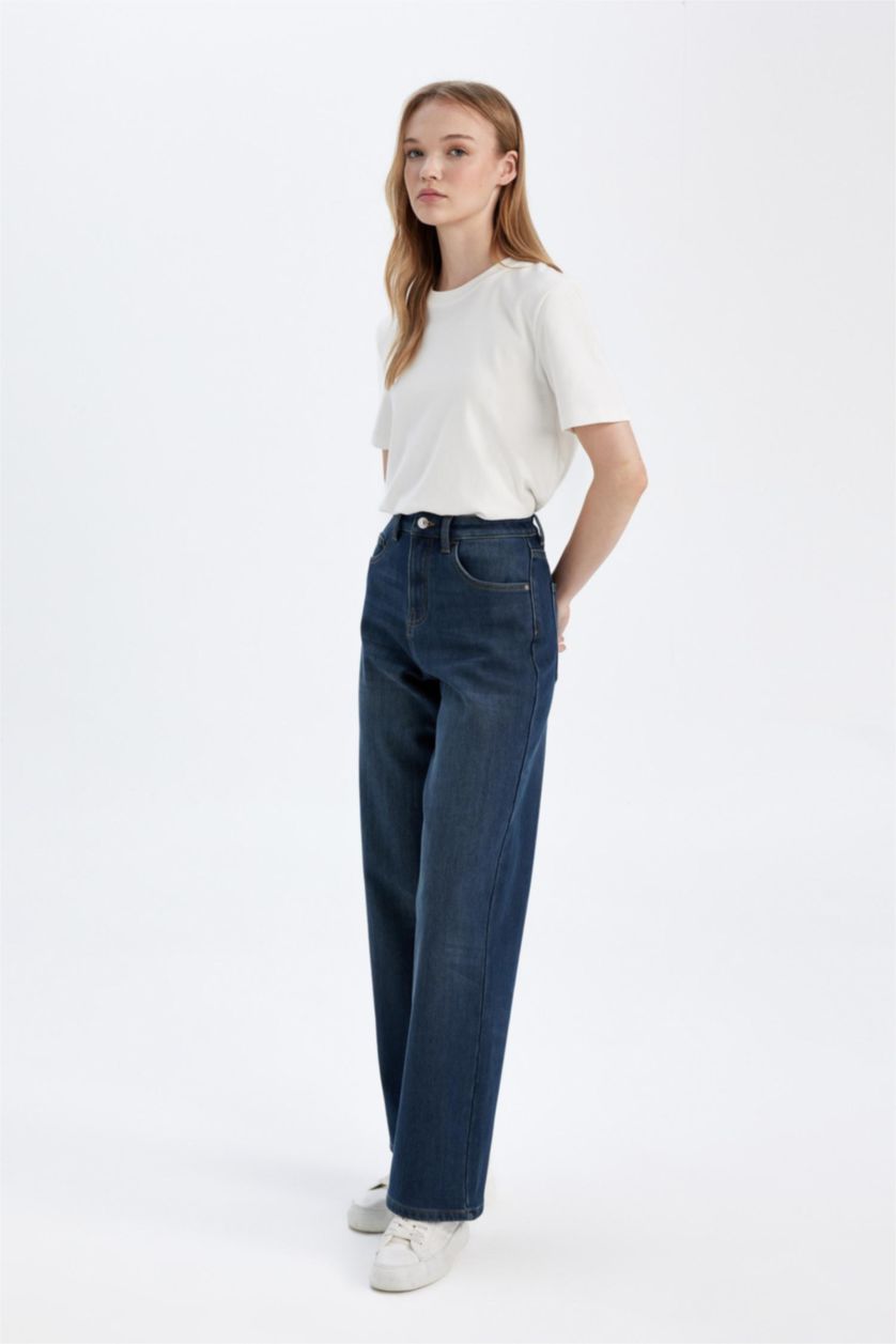 Kadın Mavi Relax Fıt Yüksek Bel Uzun Jean Pantolon