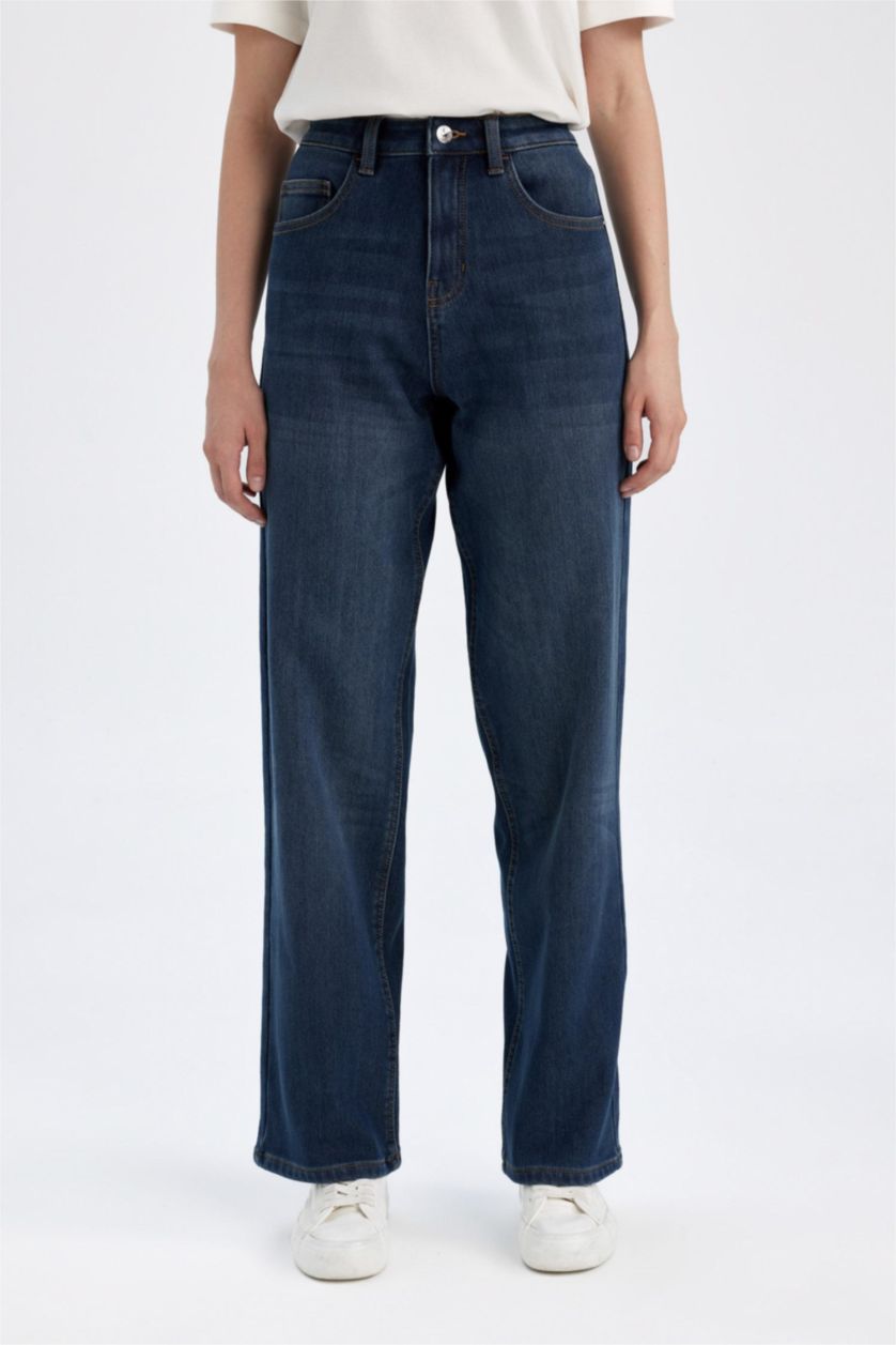 Kadın Mavi Relax Fıt Yüksek Bel Uzun Jean Pantolon