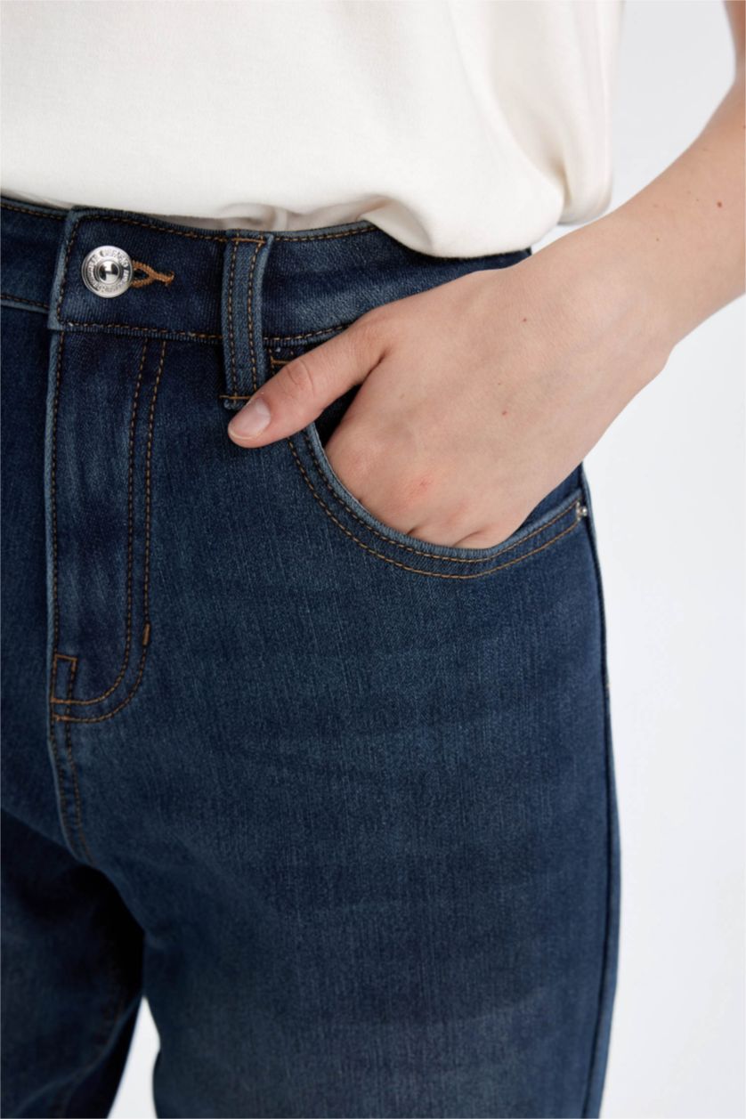 Kadın Mavi Relax Fıt Yüksek Bel Uzun Jean Pantolon