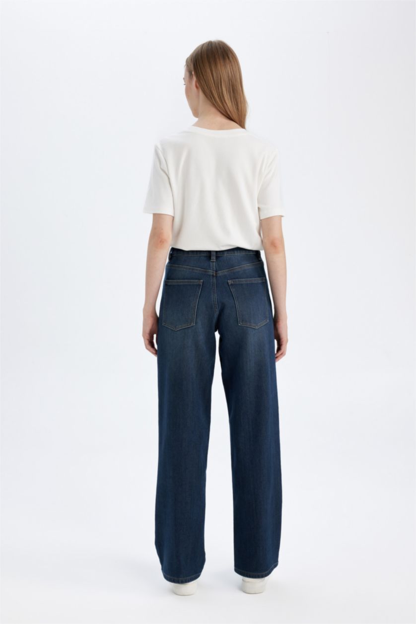 Kadın Mavi Relax Fıt Yüksek Bel Uzun Jean Pantolon