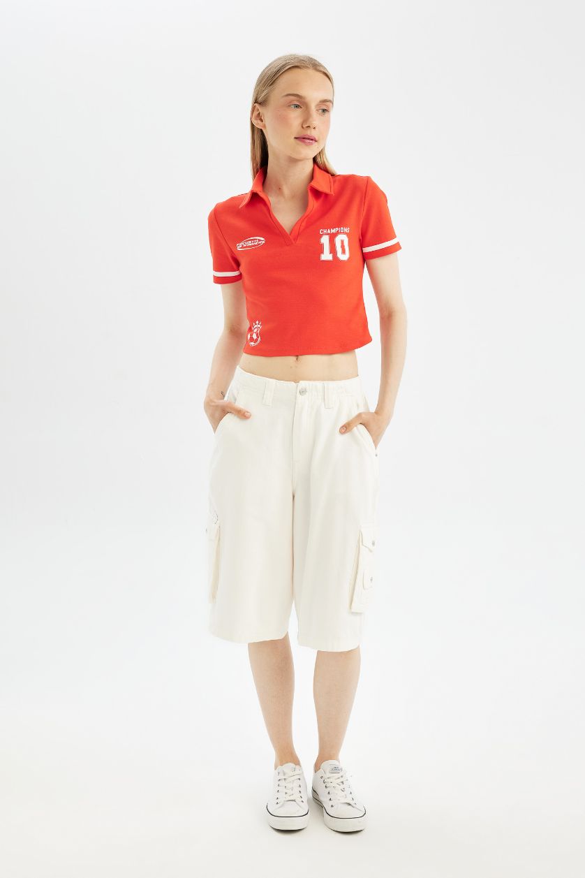 حريمي أحمر تيشيرت بولو نص كم سليم فيت