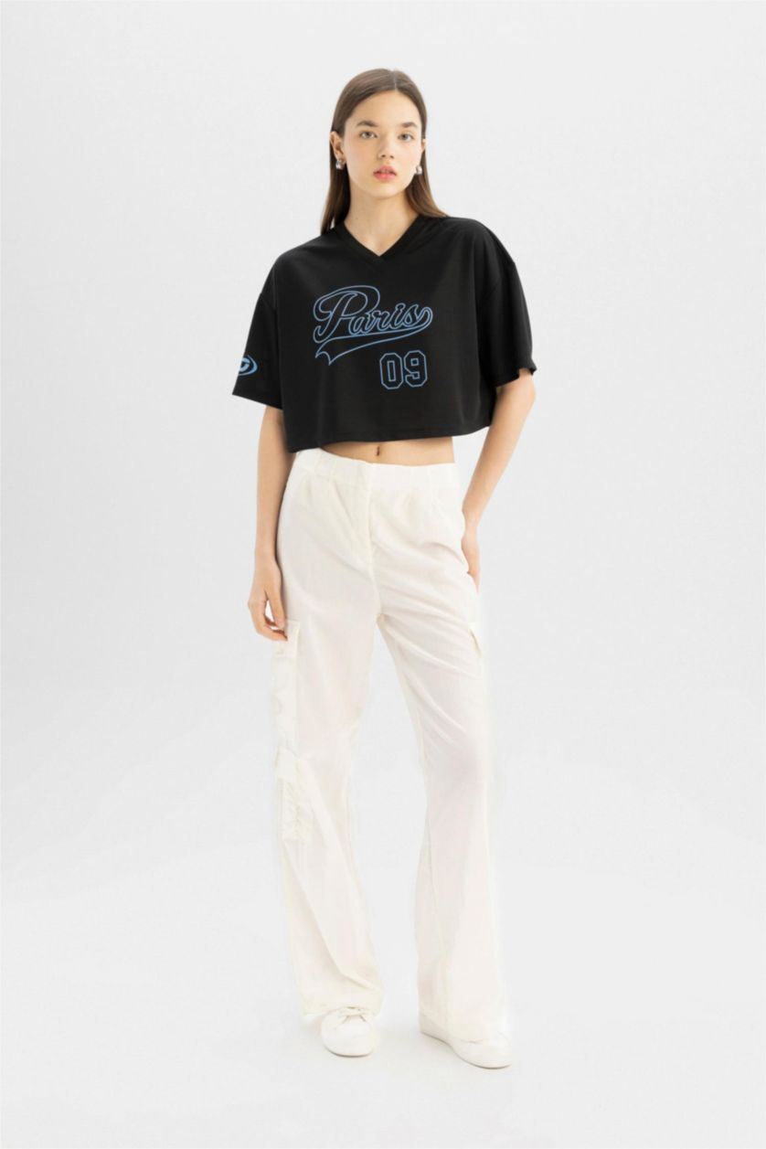 نساء أسود تيشيرت نص ردن اوفر سايز مطبوع بياخة V