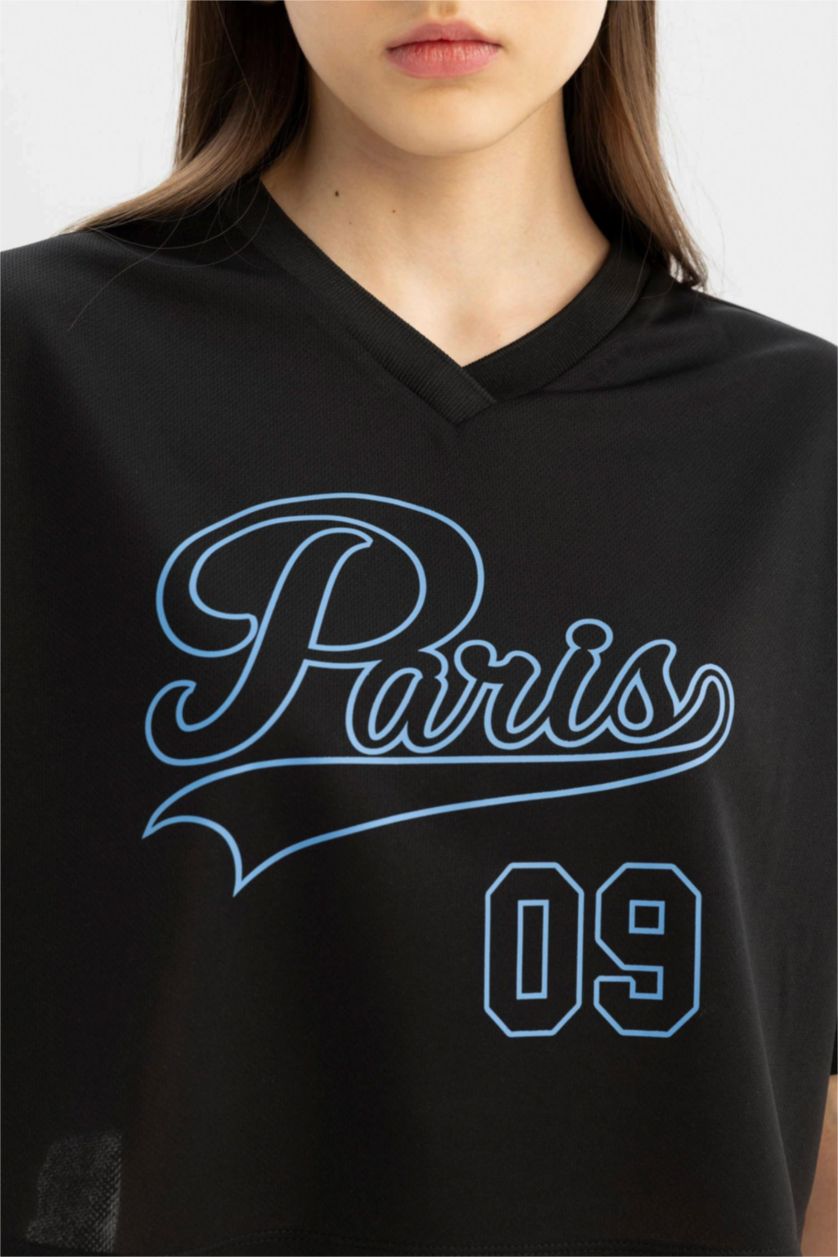 نساء أسود تيشيرت نص ردن اوفر سايز مطبوع بياخة V