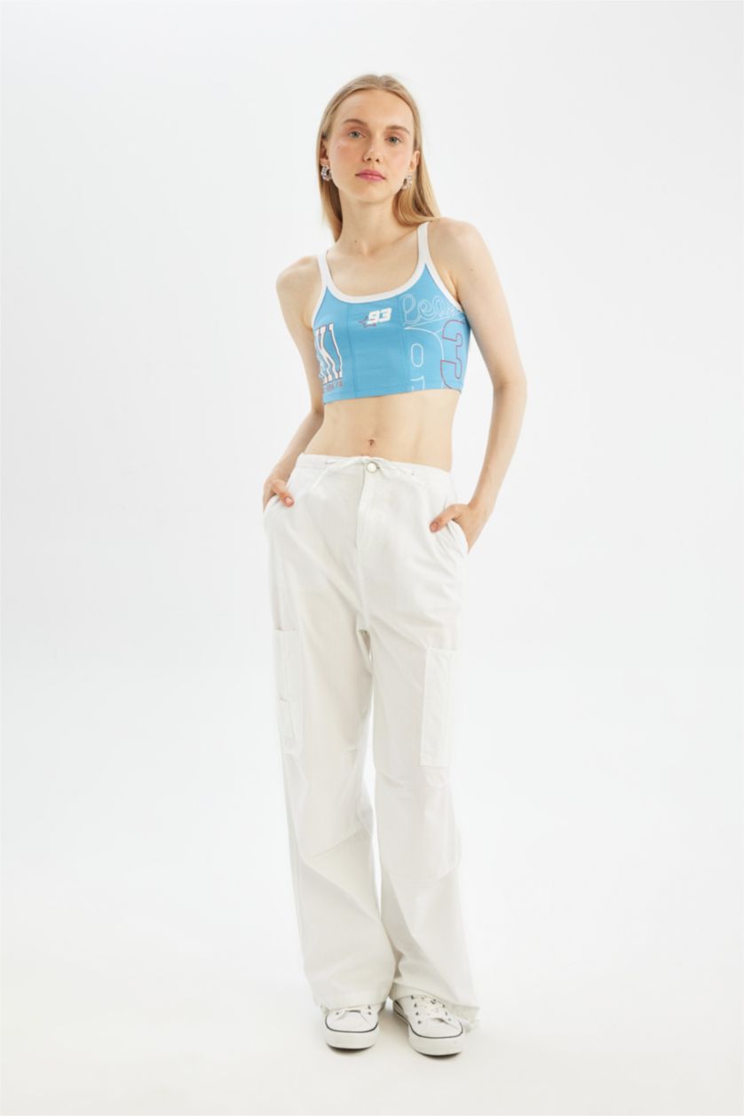 Kadın Mavi Coool Fitted Baskılı Crop Atlet