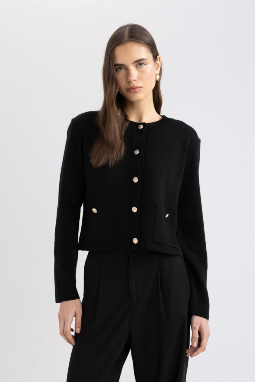 WOMAN Black Slim Fit Crew Neck Cardigan