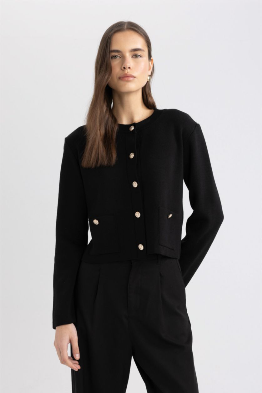 WOMAN Black Slim Fit Crew Neck Cardigan