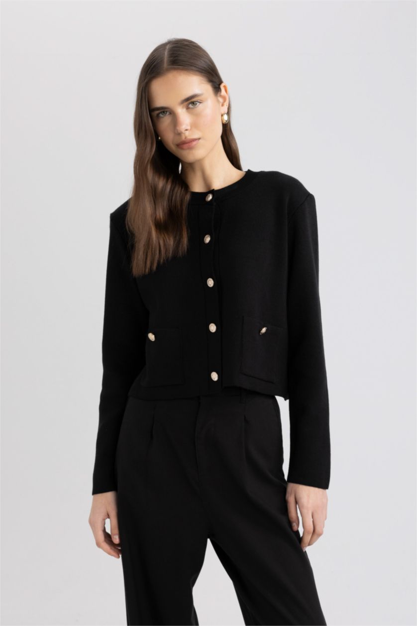 WOMAN Black Slim Fit Crew Neck Cardigan