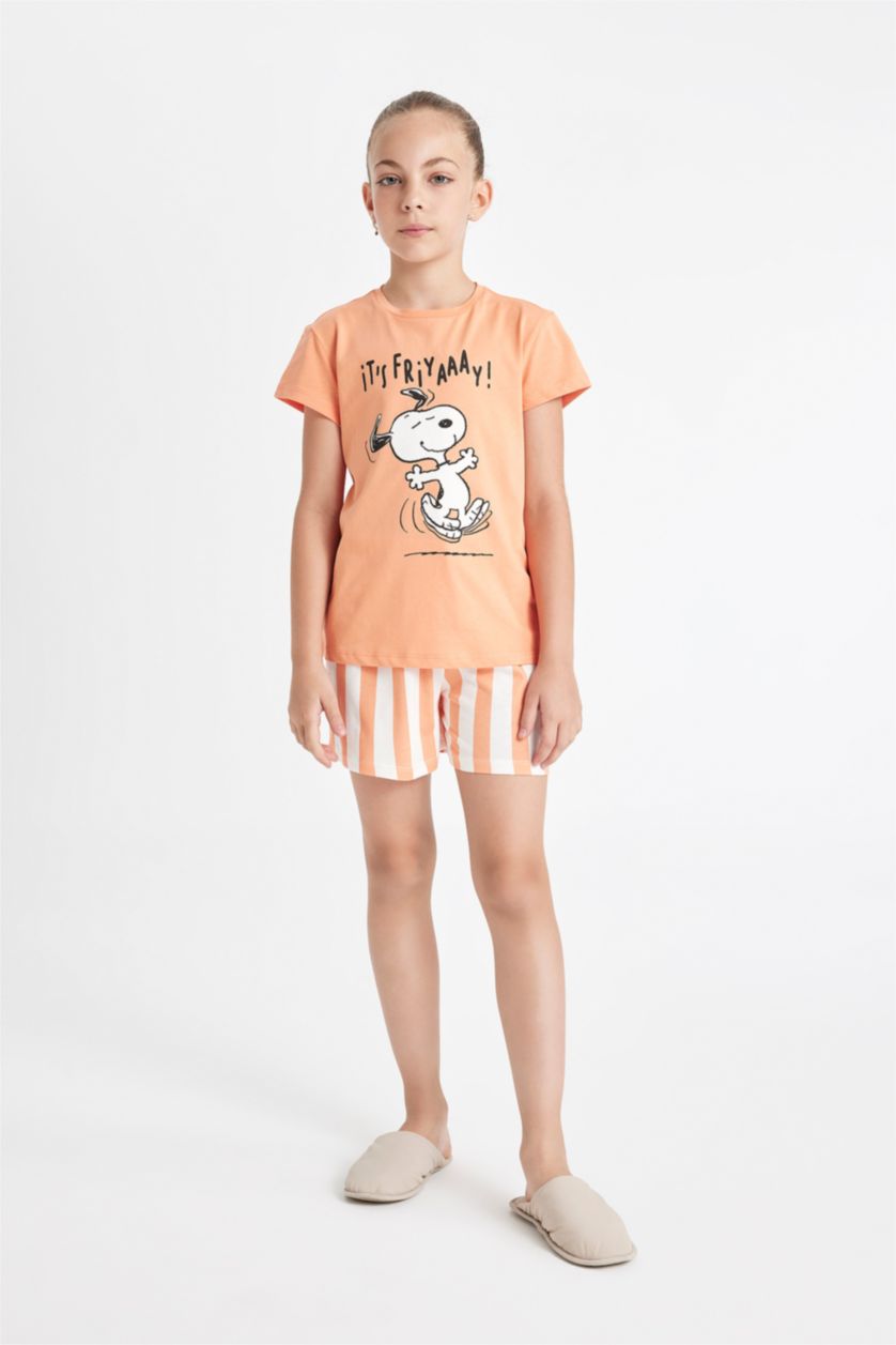 GIRLS & TEENS Orange Girl Snoopy Short Sleeve 2 Piece Pajama Set