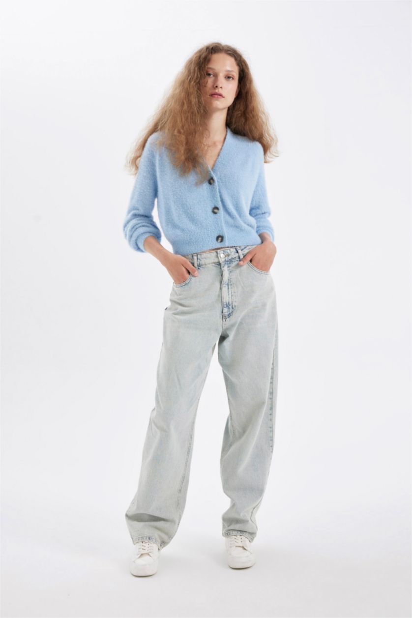 Kadın Mavi Oversıze Triko Hırka