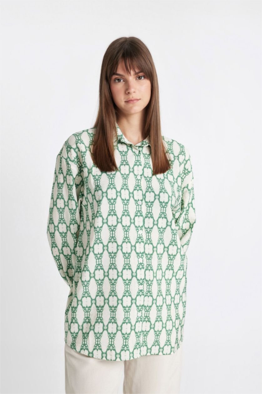 FEMME Vert Tunique Chemise Coupe Relax à Manches Longues à Motifs