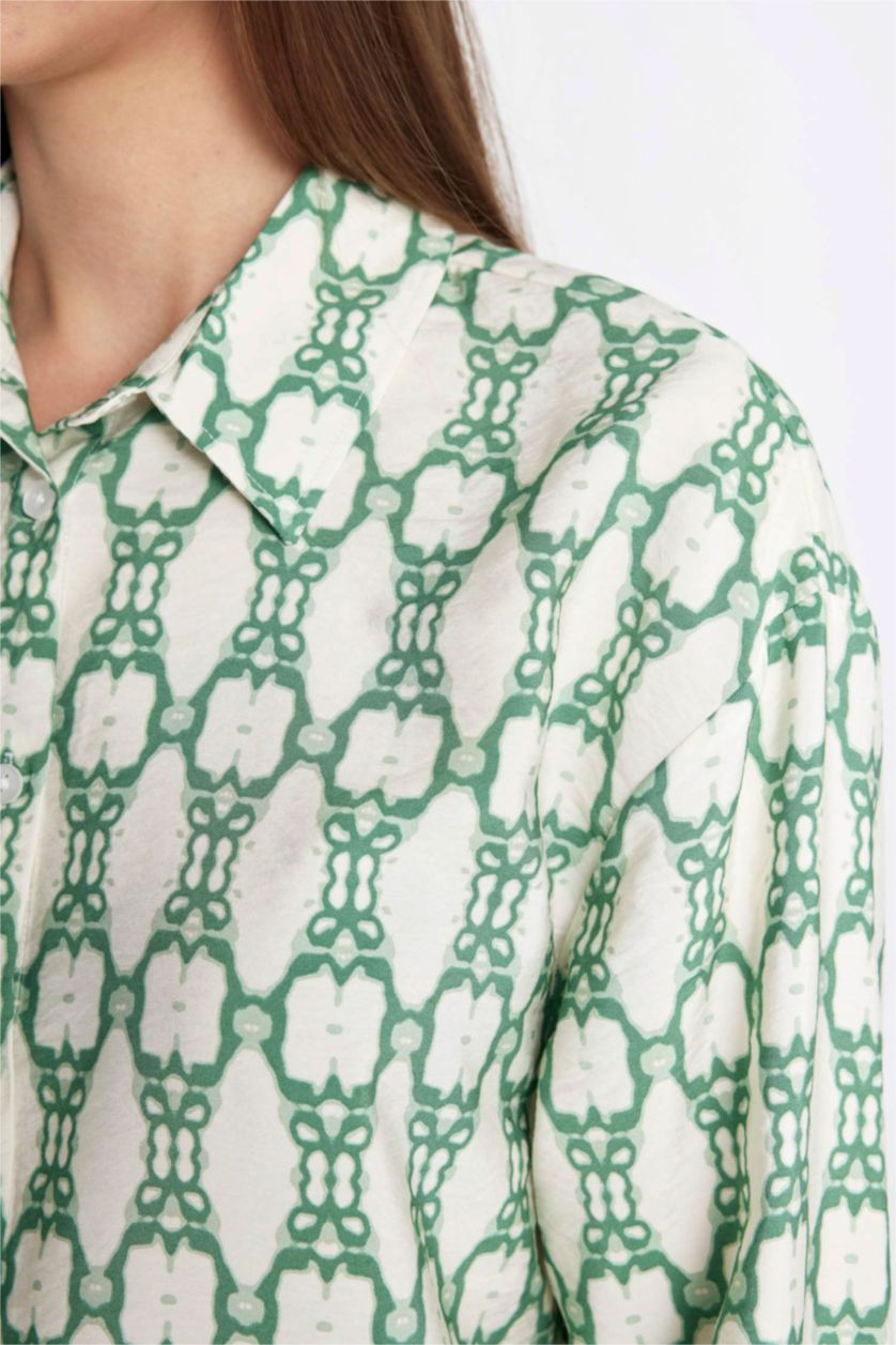 FEMME Vert Tunique Chemise Coupe Relax à Manches Longues à Motifs