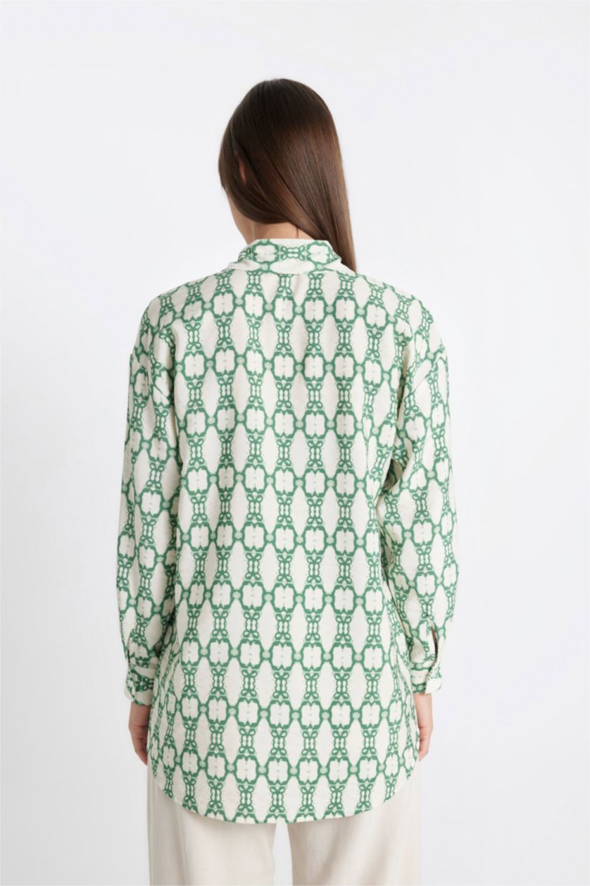 FEMME Vert Tunique Chemise Coupe Relax à Manches Longues à Motifs