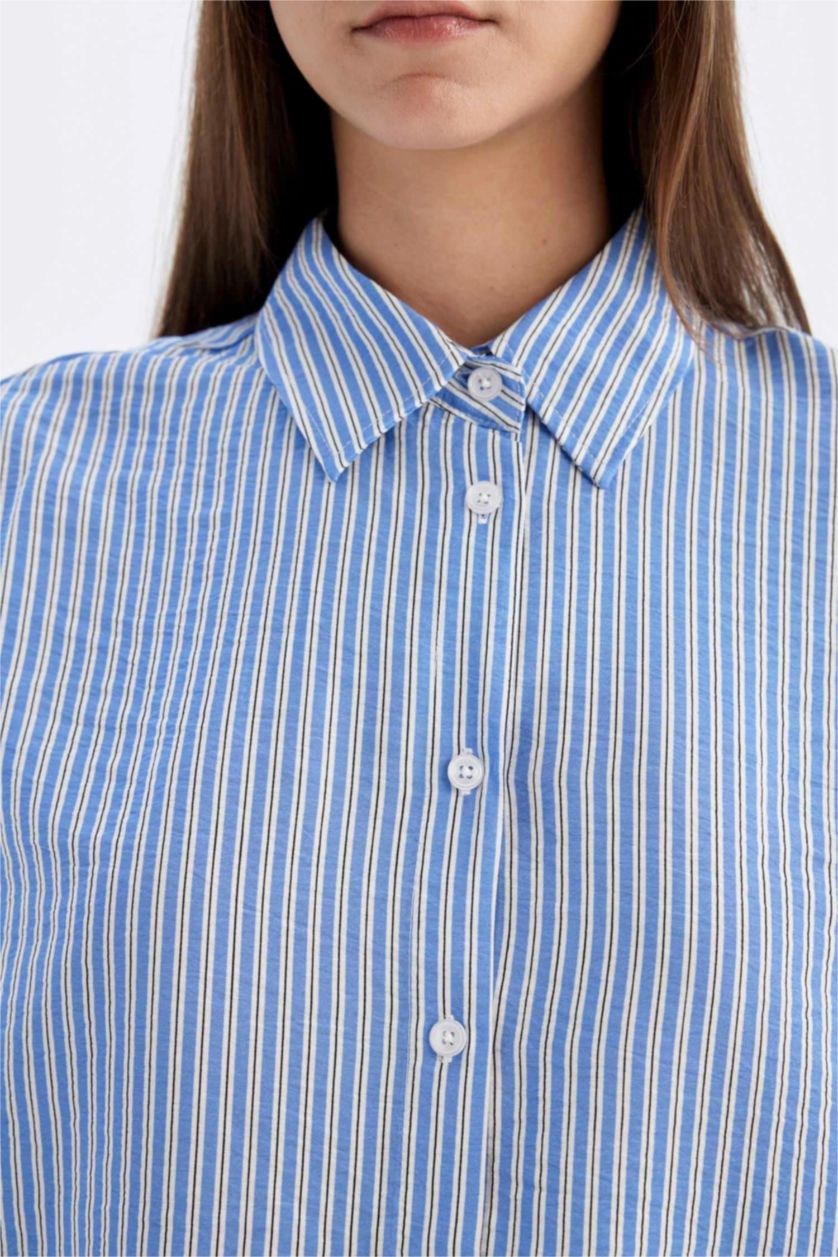 نساء أزرق تونيك مخطط كم طويل مطبوع قصة مريحة