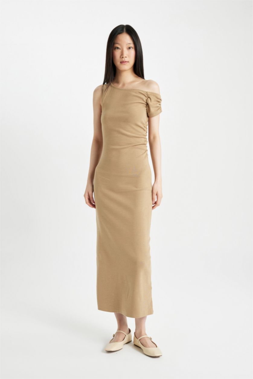 Kadın Camel Bodycon Vücudu Saran Tek Omuzlu Fitilli Kaşkorse Kısa Kollu Midi Elbise