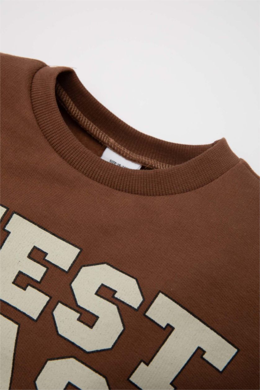 Erkek Bebek Açık Kahve Erkek Bebek Bisiklet Yaka Baskılı İçi Yumuşak Tüylü Sweatshirt