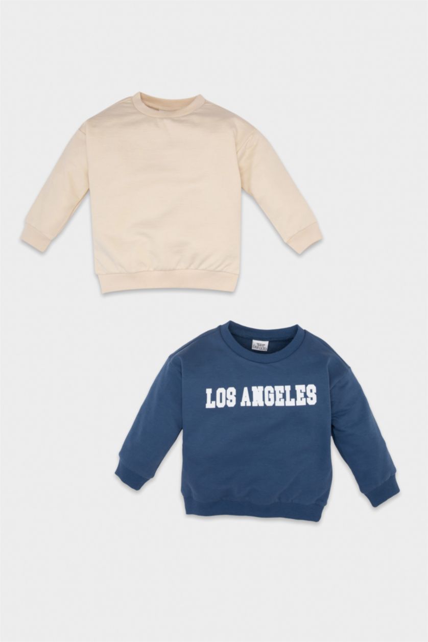 Erkek Bebek Bej Erkek Bebek Bisiklet Yaka Baskılı İçi Yumuşak Tüylü 2'li Sweatshirt