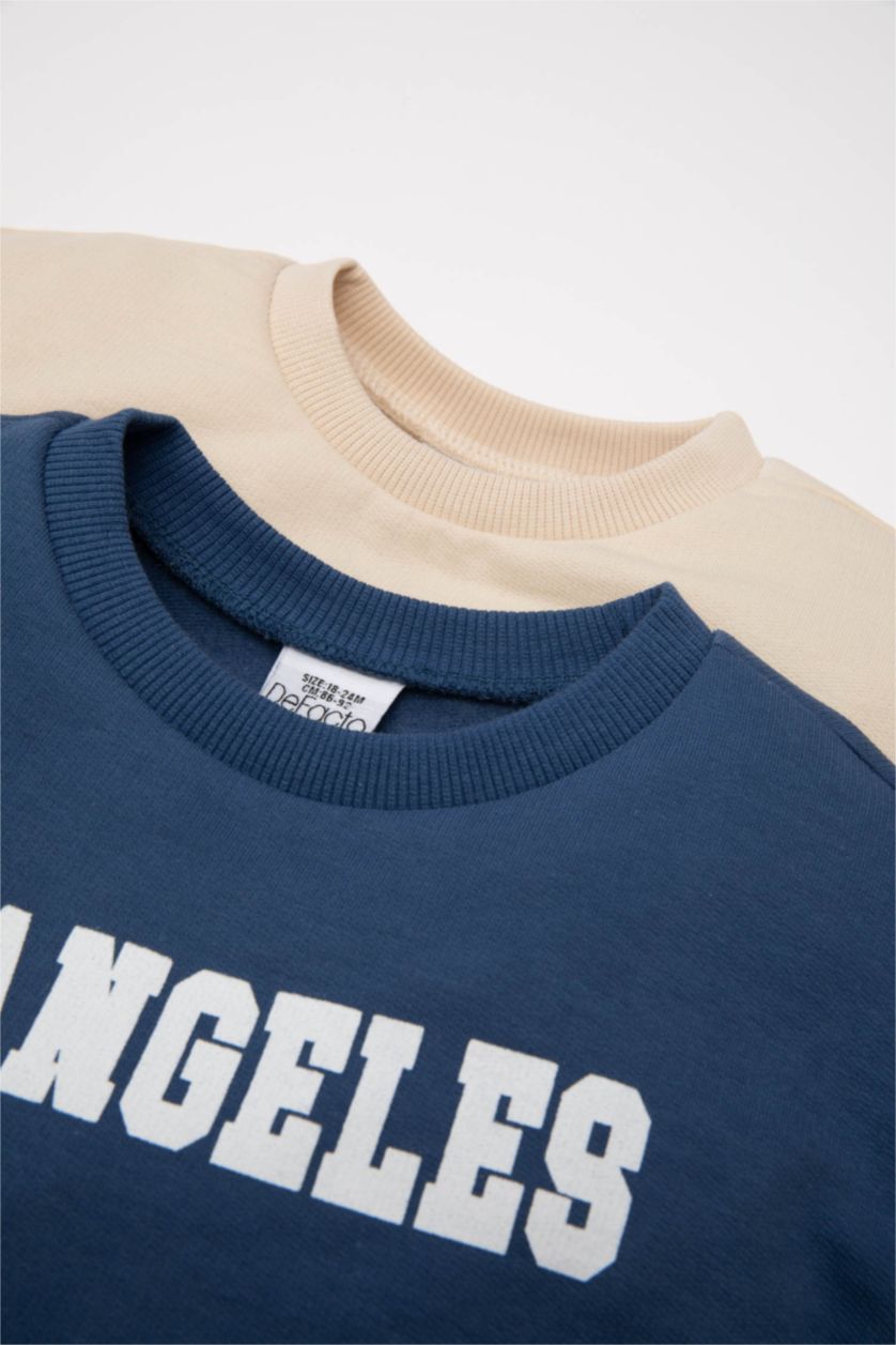 Erkek Bebek Bej Erkek Bebek Bisiklet Yaka Baskılı İçi Yumuşak Tüylü 2'li Sweatshirt