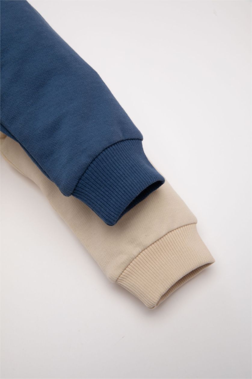 Erkek Bebek Bej Erkek Bebek Bisiklet Yaka Baskılı İçi Yumuşak Tüylü 2'li Sweatshirt