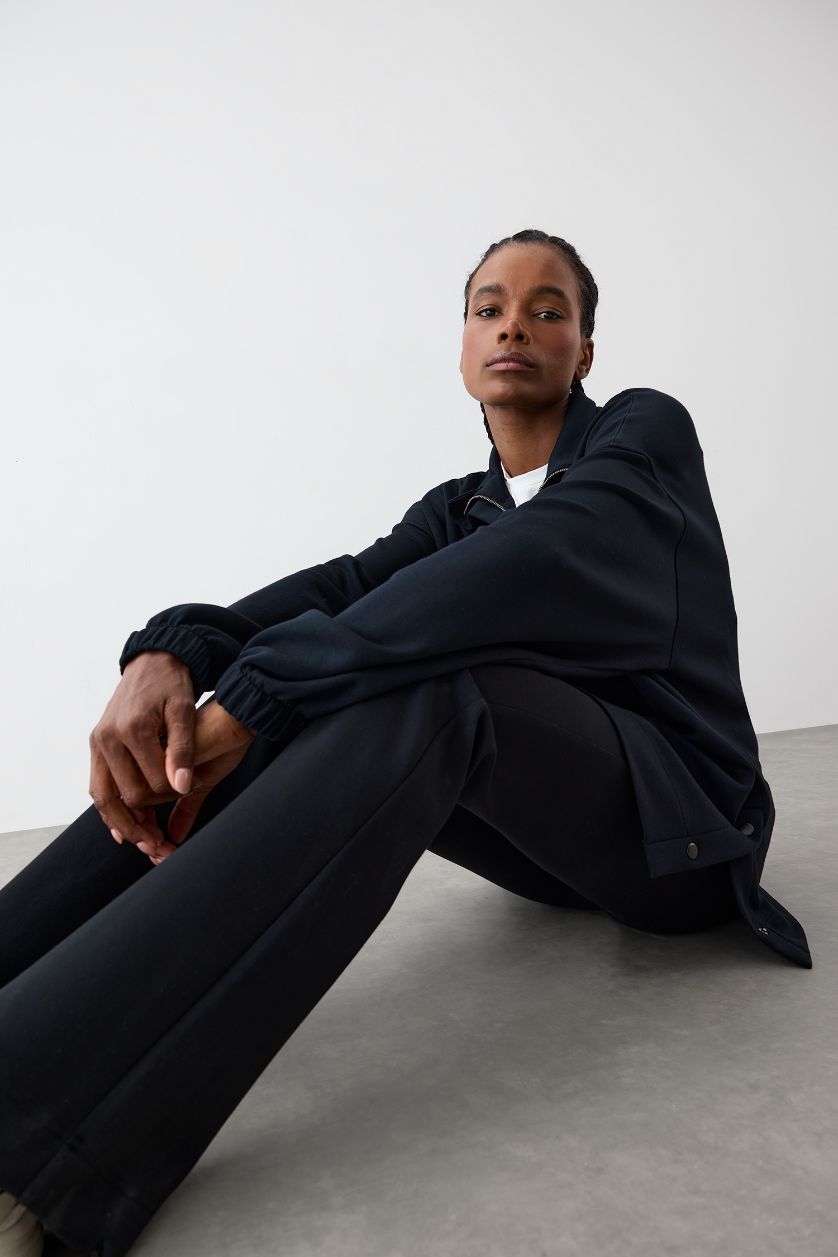 Kadın Siyah Long  Fit Dik Yaka Fermuarlı Modal Sweatshirt