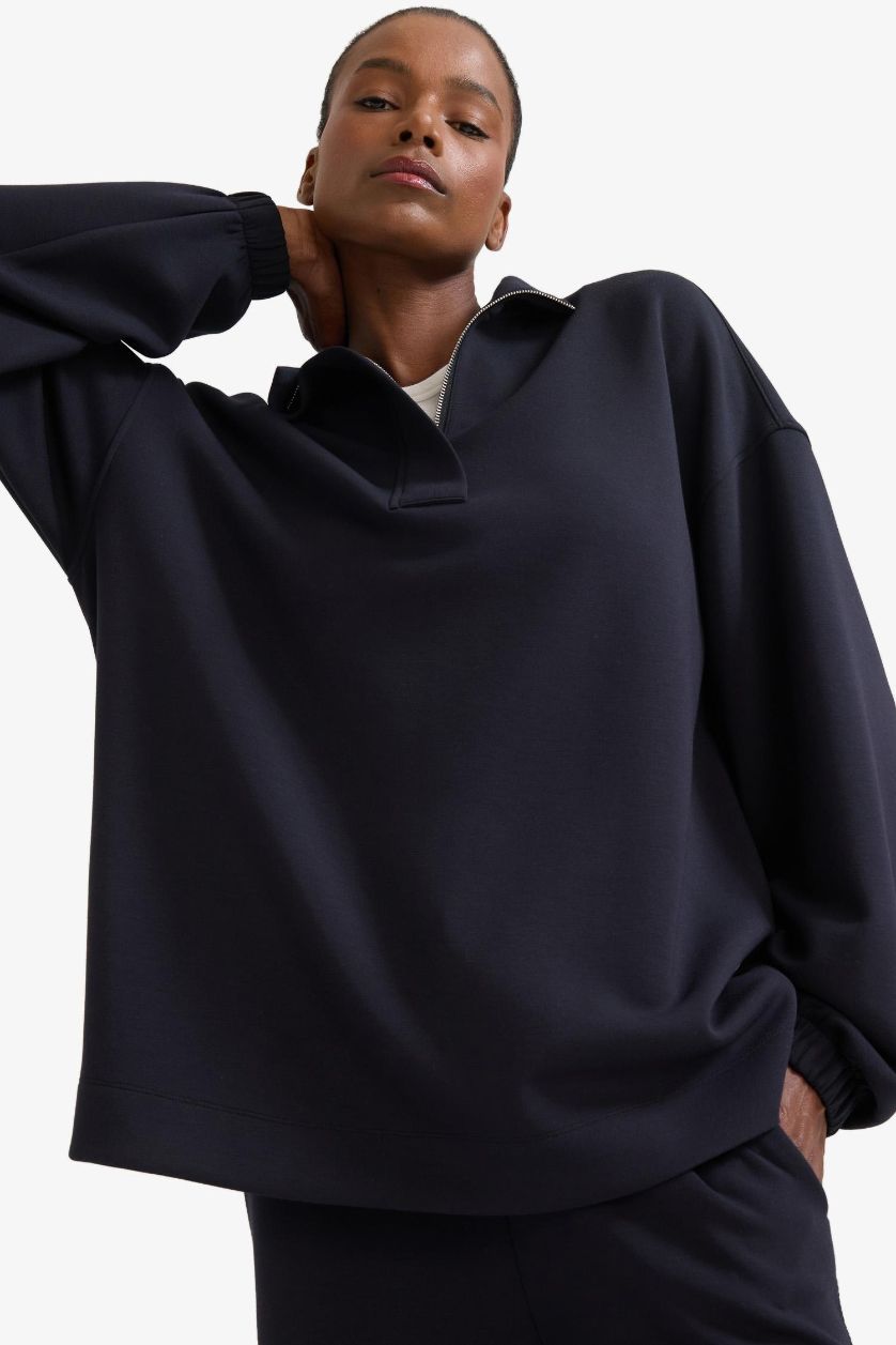 Kadın Siyah Long  Fit Dik Yaka Fermuarlı Modal Sweatshirt