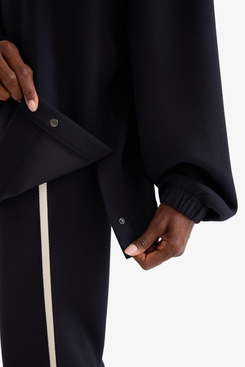 Kadın Siyah Long  Fit Dik Yaka Fermuarlı Modal Sweatshirt