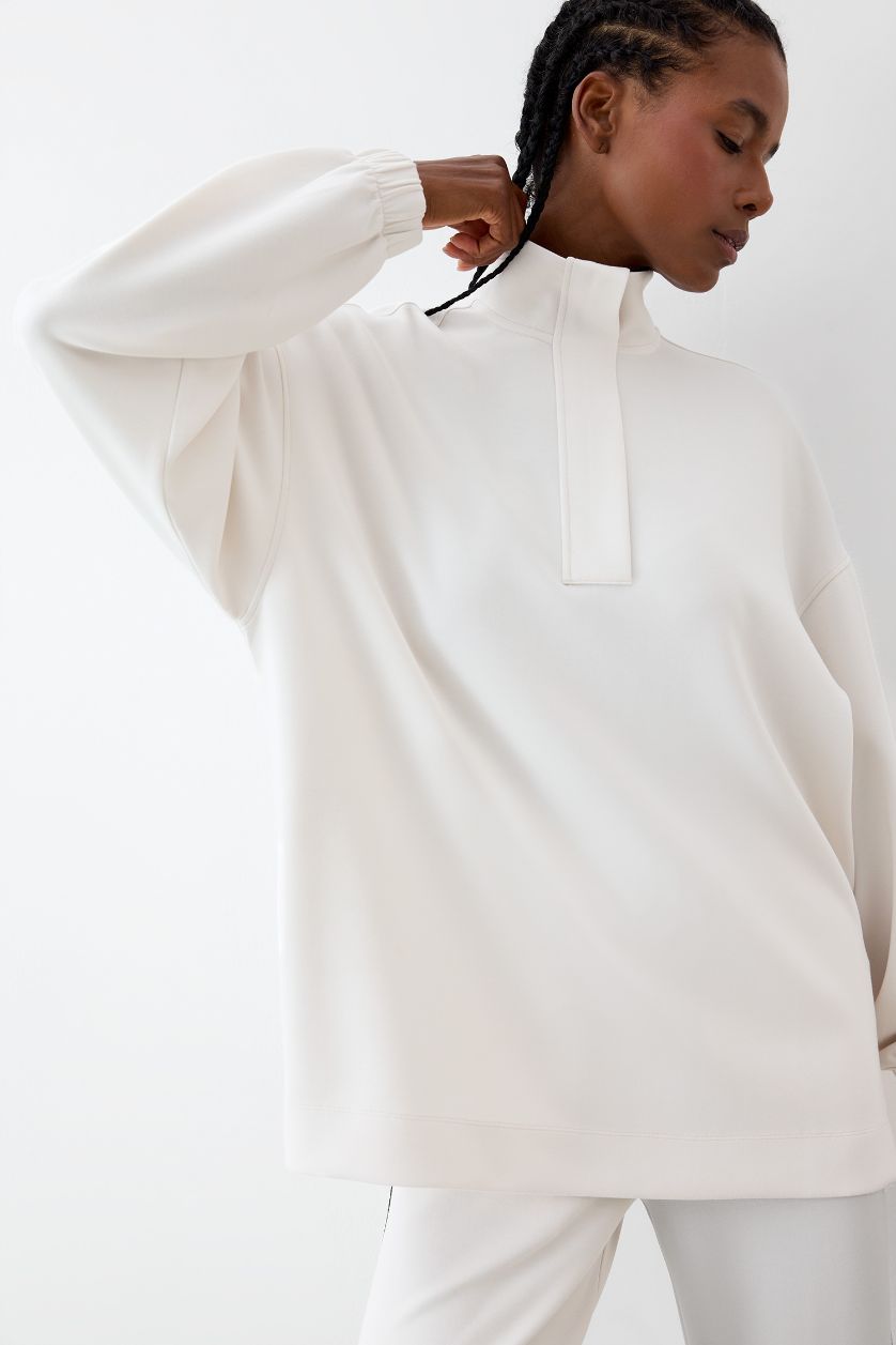 Kadın Ekru Long  Fit Dik Yaka Fermuarlı Modal Sweatshirt