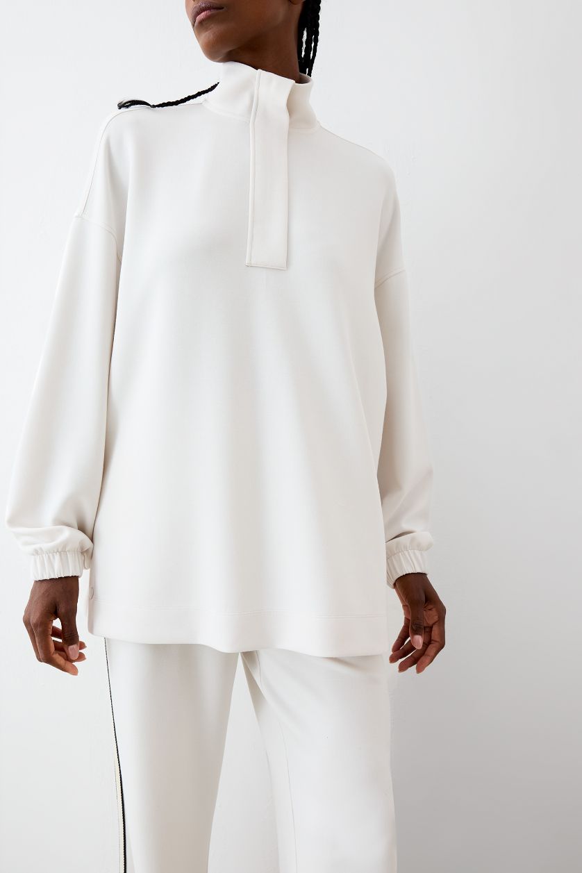 Kadın Ekru Long  Fit Dik Yaka Fermuarlı Modal Sweatshirt