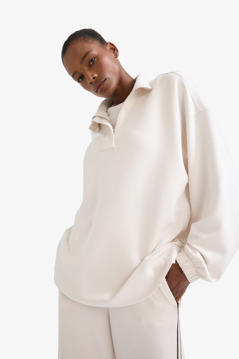 Kadın Ekru Long  Fit Dik Yaka Fermuarlı Modal Sweatshirt