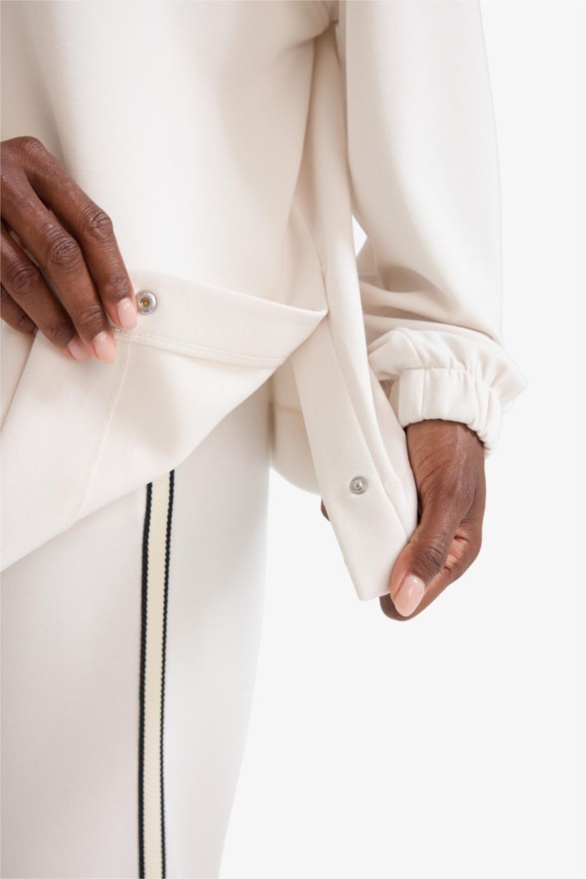 Kadın Ekru Long  Fit Dik Yaka Fermuarlı Modal Sweatshirt