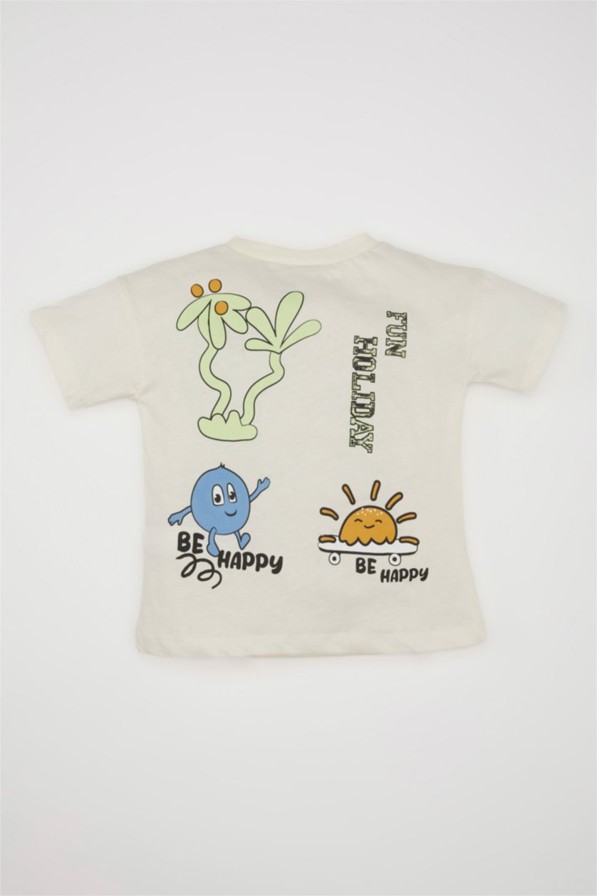 Erkek Bebek Ekru Erkek Bebek Bisiklet Yaka Baskılı Kısa Kollu Tişört